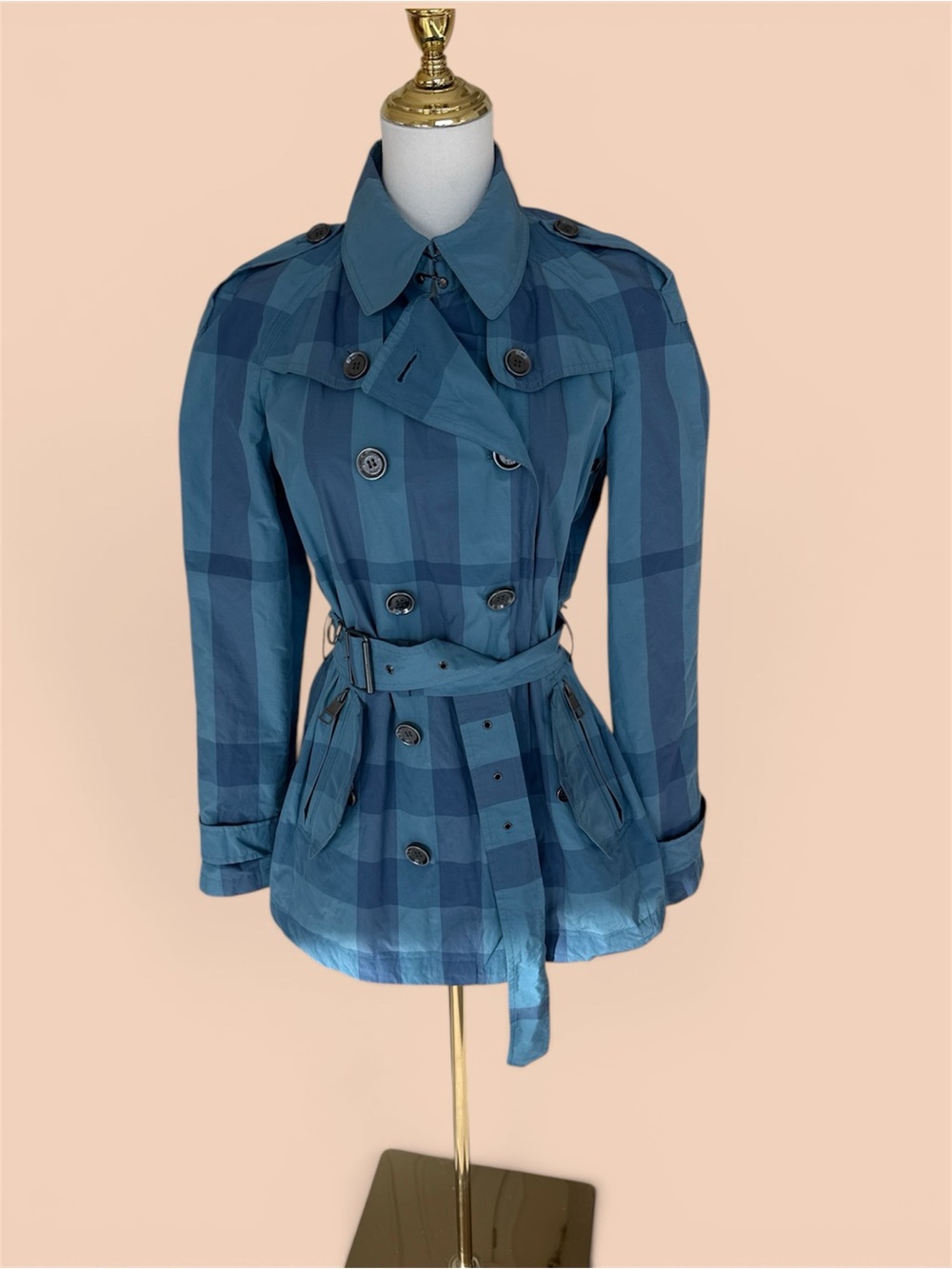 Authentic Burberry Brit Blue Check Belted Short Trench Jacket Coat Womens US 8